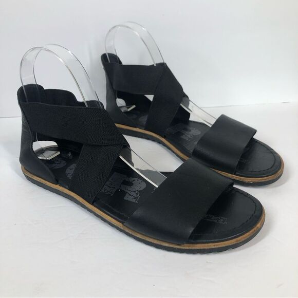 Sorel Ella II Cross Strap Black Leather Sandals Size 9 NL2893-010 - Picture 1 of 9